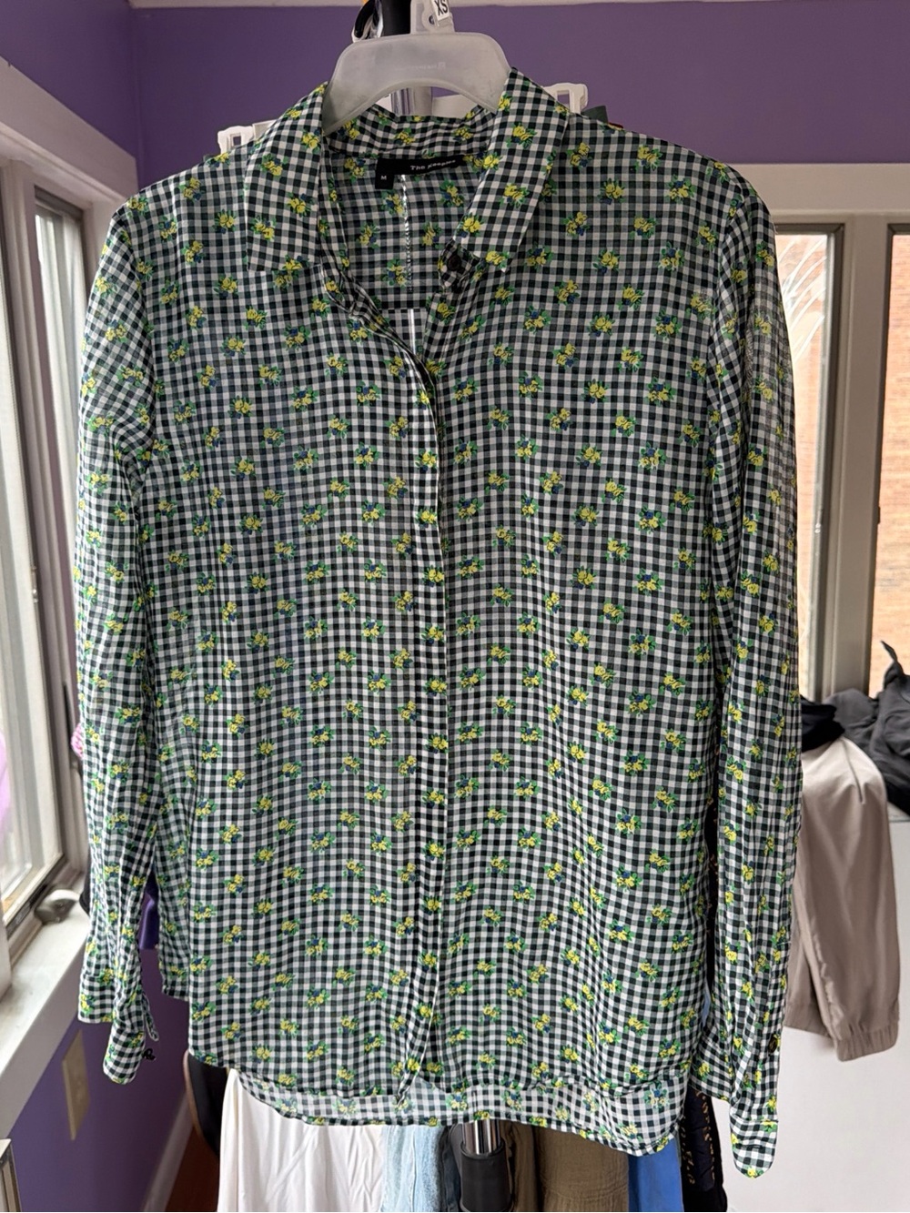 The Kooples Green Gingham Floral Button-Up Blouse Size M Great Condition